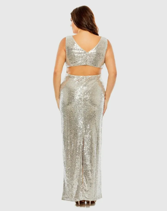Women Plus Size Dresses Mac Duggal Sequin Vneck Back Cutout Gown Nude Silver Women Plus Size Dresses Mac Duggal Sequin Vneck Back Cutout Gown Nude Silver