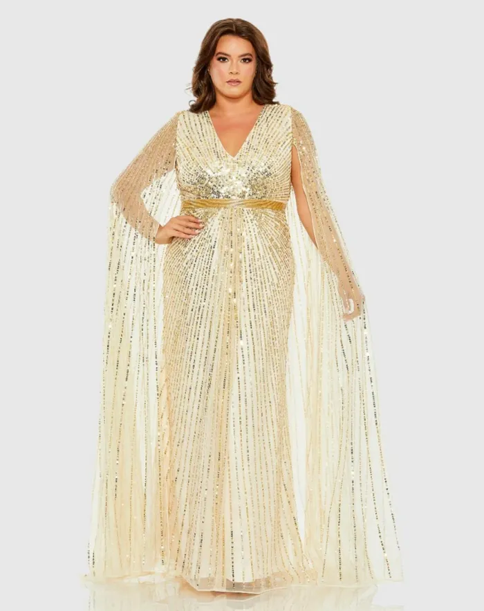 Women Plus Size Dresses Mac Duggal Sequined VNeck Dress With Cape Sleeves Nude