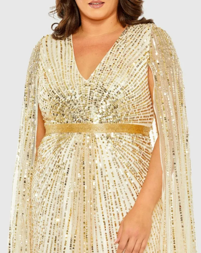 Women Plus Size Dresses Mac Duggal Sequined VNeck Dress With Cape Sleeves Nude Women Plus Size Dresses Mac Duggal Sequined VNeck Dress With Cape Sleeves Nude
