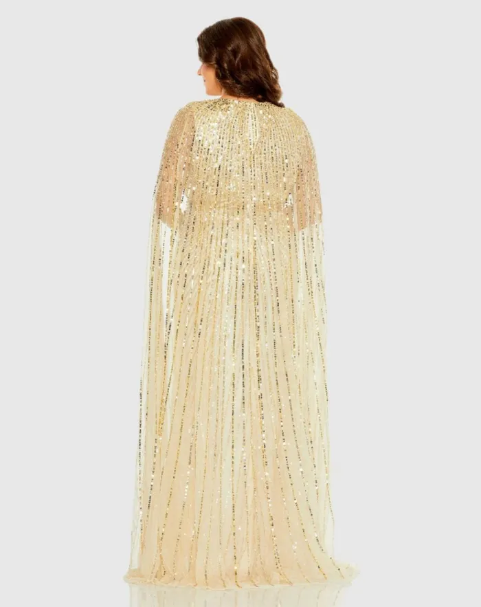 Women Plus Size Dresses Mac Duggal Sequined VNeck Dress With Cape Sleeves Nude Women Plus Size Dresses Mac Duggal Sequined VNeck Dress With Cape Sleeves Nude