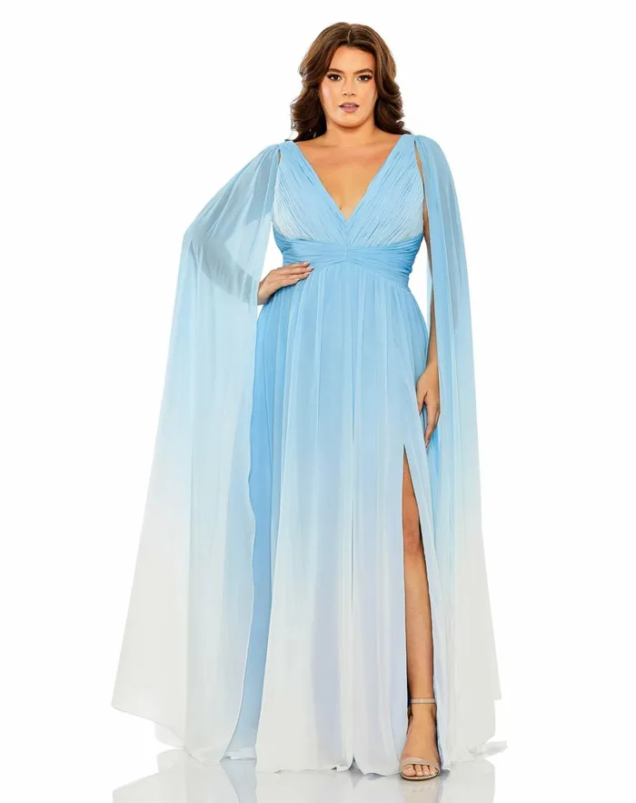 Women Plus Size Dresses Mac Duggal VNeck Cape Sleeve Ombre Dress Blue Ombre