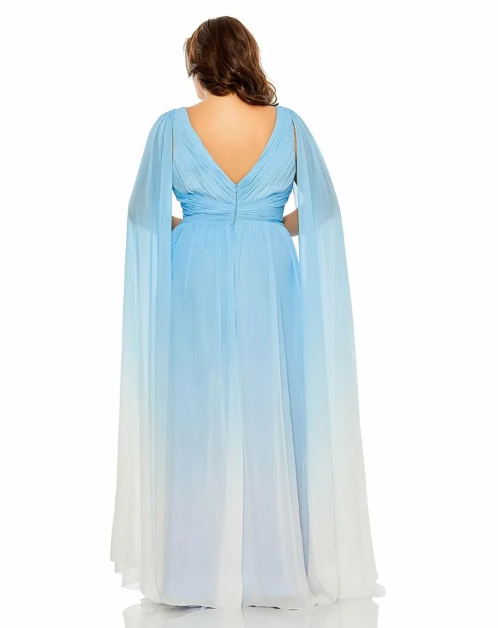 Women Plus Size Dresses Mac Duggal VNeck Cape Sleeve Ombre Dress Blue Ombre Women Plus Size Dresses Mac Duggal VNeck Cape Sleeve Ombre Dress Blue Ombre