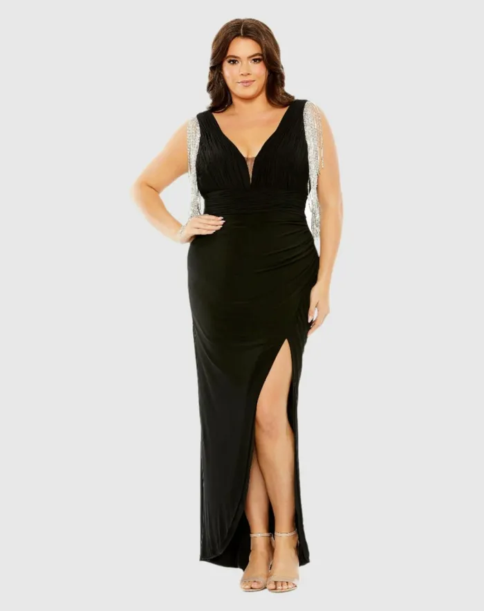 Women Plus Size Dresses Mac Duggal Vneck Gown With Fringe Detail On Shoulder Plus Black Women Plus Size Dresses Mac Duggal Vneck Gown With Fringe Detail On Shoulder Plus Black
