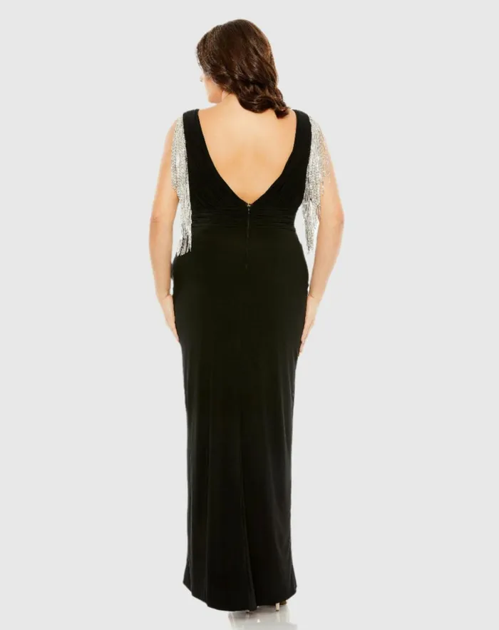 Women Plus Size Dresses Mac Duggal Vneck Gown With Fringe Detail On Shoulder Plus Black Women Plus Size Dresses Mac Duggal Vneck Gown With Fringe Detail On Shoulder Plus Black