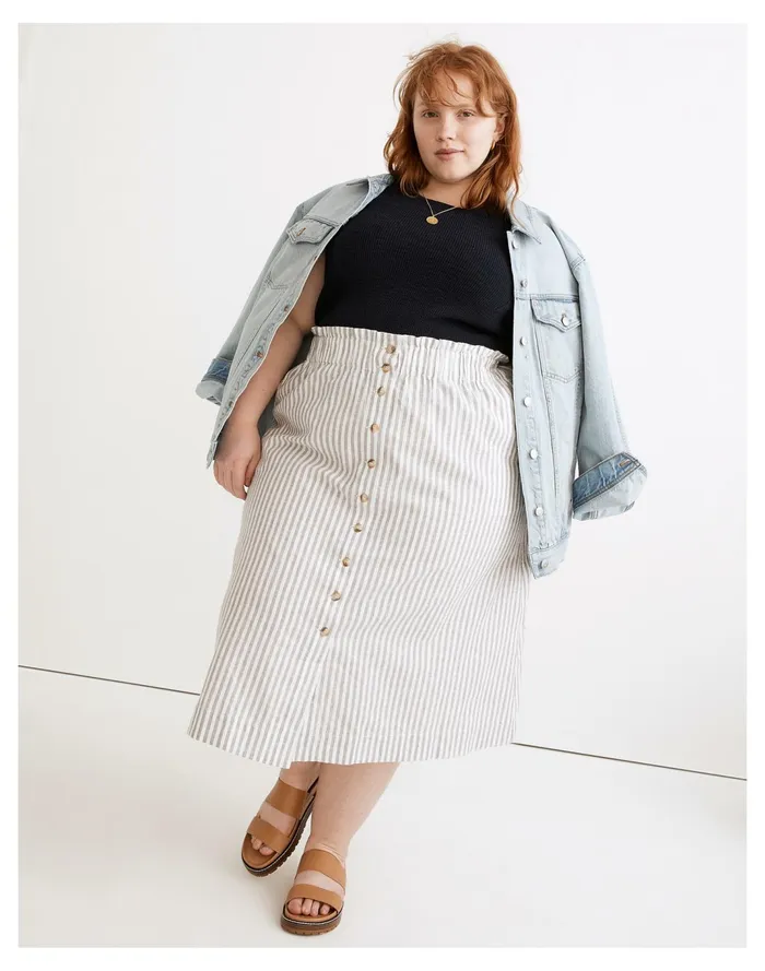 Women Plus Striped Button Front Pull On Midi Skirt Hemp Vertical Stripe Plain Madewell Skirts