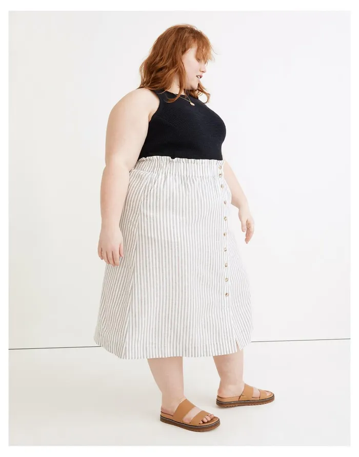 Women Plus Striped Button Front Pull On Midi Skirt Hemp Vertical Stripe Plain Madewell Skirts Women Plus Striped Button Front Pull On Midi Skirt Hemp Vertical Stripe Plain Madewell Skirts