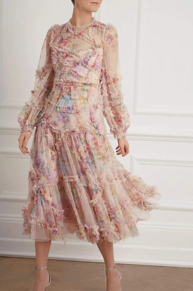 Women Printed Dresses Needle and Thread Floral Diamond Ruffle Ballerina Dress Multi