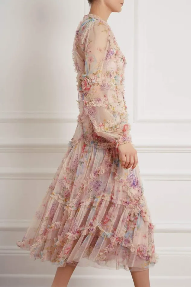 Women Printed Dresses Needle and Thread Floral Diamond Ruffle Ballerina Dress Multi