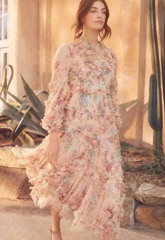 Women Printed Dresses Needle and Thread Floral Diamond Ruffle Ballerina Dress Multi