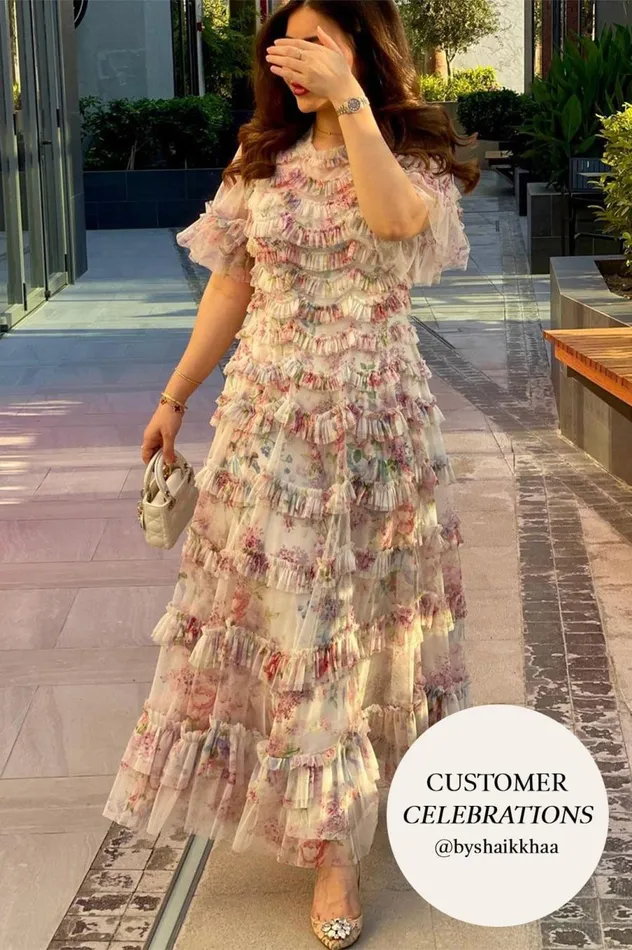 Women Printed Dresses Needle and Thread Floral Wonder Ruffle Gown Multi