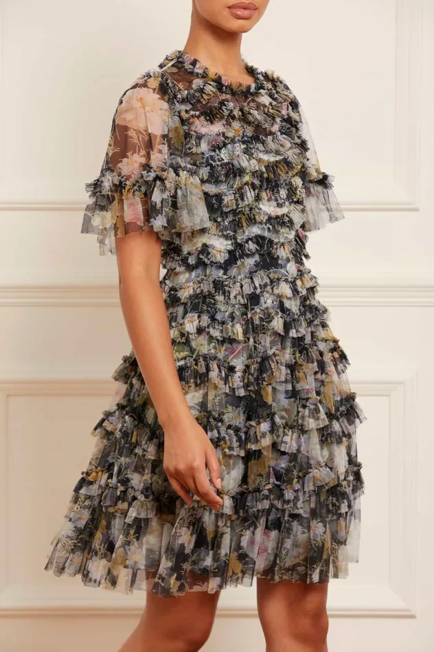 Women Printed Dresses Needle and Thread Moonlight Petals Round Neck Mini Dress Black