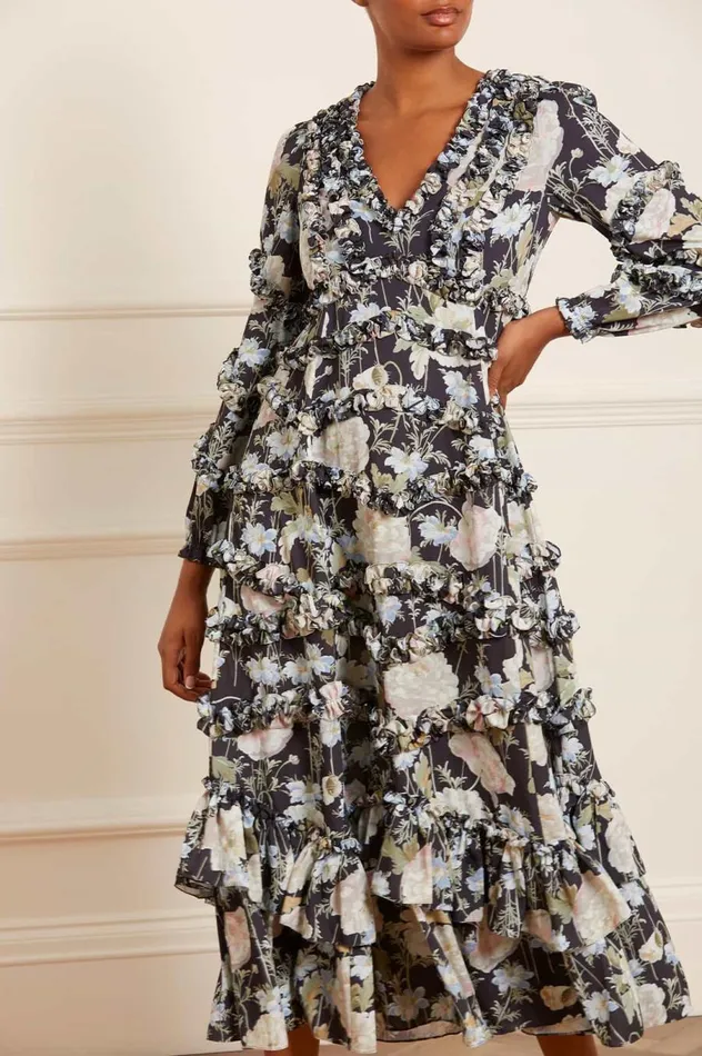 Women Printed Dresses Needle and Thread Moonlight Petals VNeck Crepe Ankle Gown Black