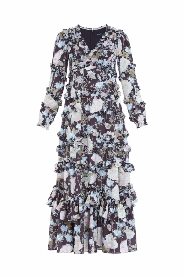 Women Printed Dresses Needle and Thread Moonlight Petals VNeck Crepe Ankle Gown Black