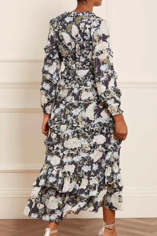 Women Printed Dresses Needle and Thread Moonlight Petals VNeck Crepe Ankle Gown Black
