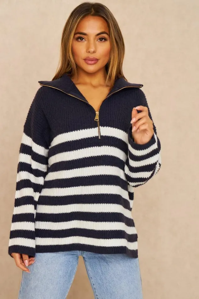 Women Pull Bleu En Mailles Rayures Blanches Col Montant Zipp Blue Brentiny Paris Sweaters and Sweatshirts Women Pull Bleu En Mailles Rayures Blanches Col Montant Zipp Blue Brentiny Paris Sweaters and Sweatshirts