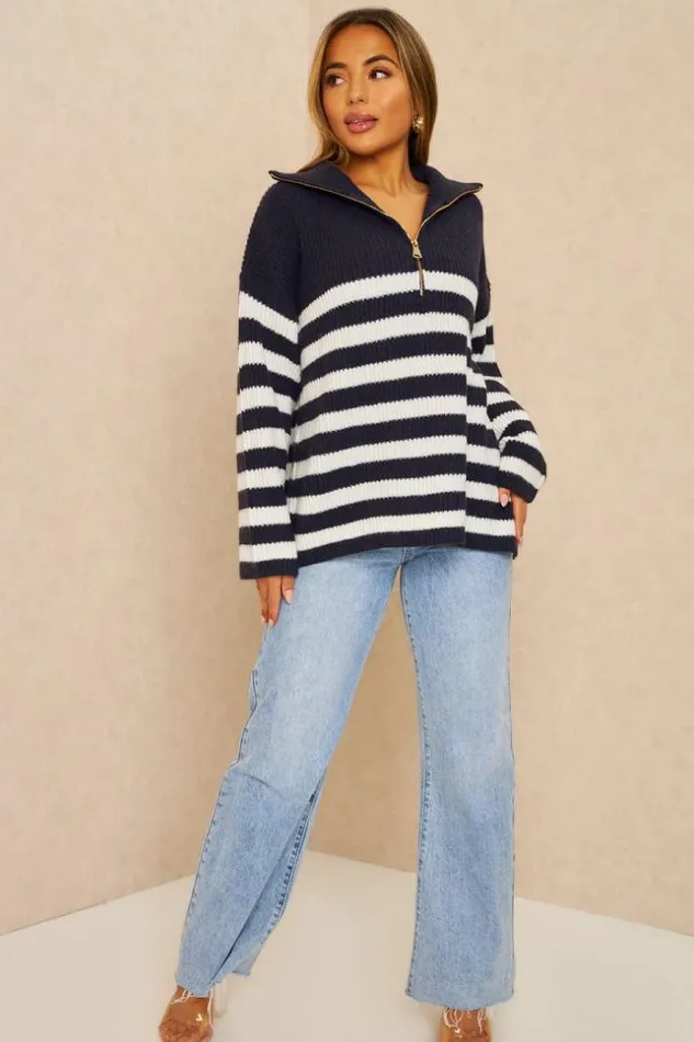 Women Pull Bleu En Mailles Rayures Blanches Col Montant Zipp Blue Brentiny Paris Sweaters and Sweatshirts Women Pull Bleu En Mailles Rayures Blanches Col Montant Zipp Blue Brentiny Paris Sweaters and Sweatshirts