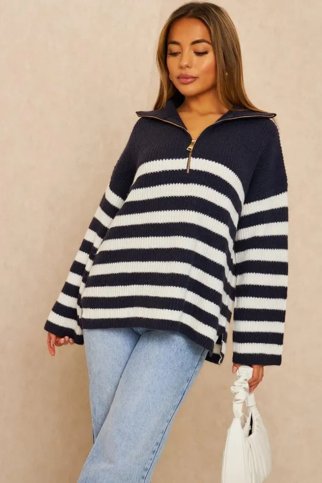 Women Pull Bleu En Mailles Rayures Blanches Col Montant Zipp Blue Brentiny Paris Sweaters and Sweatshirts Women Pull Bleu En Mailles Rayures Blanches Col Montant Zipp Blue Brentiny Paris Sweaters and Sweatshirts