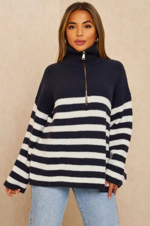 Women Pull Bleu En Mailles Rayures Blanches Col Montant Zipp Blue Brentiny Paris Sweaters and Sweatshirts Women Pull Bleu En Mailles Rayures Blanches Col Montant Zipp Blue Brentiny Paris Sweaters and Sweatshirts