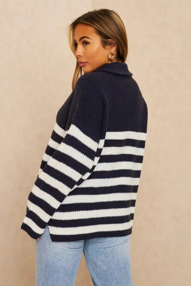 Women Pull Bleu En Mailles Rayures Blanches Col Montant Zipp Blue Brentiny Paris Sweaters and Sweatshirts Women Pull Bleu En Mailles Rayures Blanches Col Montant Zipp Blue Brentiny Paris Sweaters and Sweatshirts