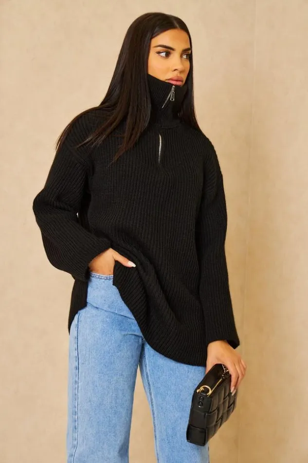 Women Pull En Mailles Col Montant Zipp Noir Black Brentiny Paris Sweaters and Sweatshirts Women Pull En Mailles Col Montant Zipp Noir Black Brentiny Paris Sweaters and Sweatshirts