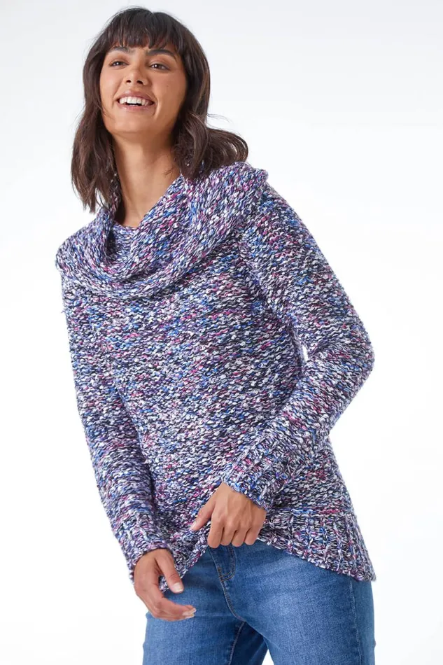 Women Purple Cowl Neck Tape Yarn Jumper Roman Knitwear