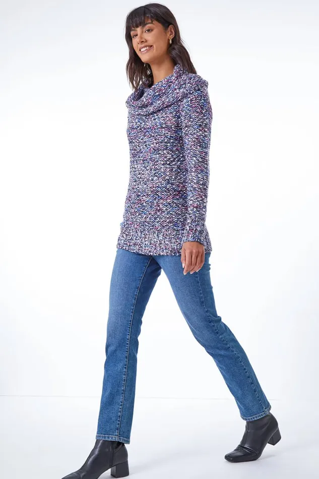 Women Purple Cowl Neck Tape Yarn Jumper Roman Knitwear