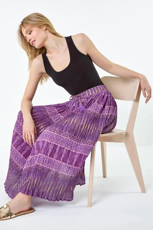 Women Purple Crinkle Cotton Metallic Foil A Line Midi Skirt Roman Skirts