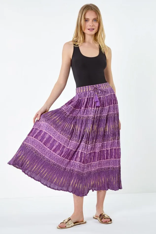 Women Purple Crinkle Cotton Metallic Foil A Line Midi Skirt Roman Skirts