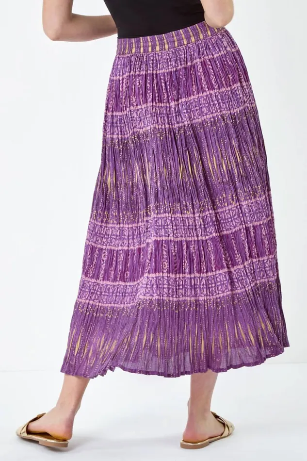 Women Purple Crinkle Cotton Metallic Foil A Line Midi Skirt Roman Skirts
