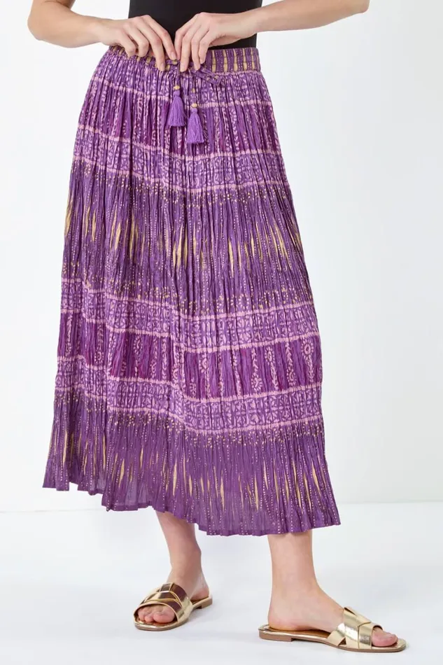 Women Purple Crinkle Cotton Metallic Foil A Line Midi Skirt Roman Skirts