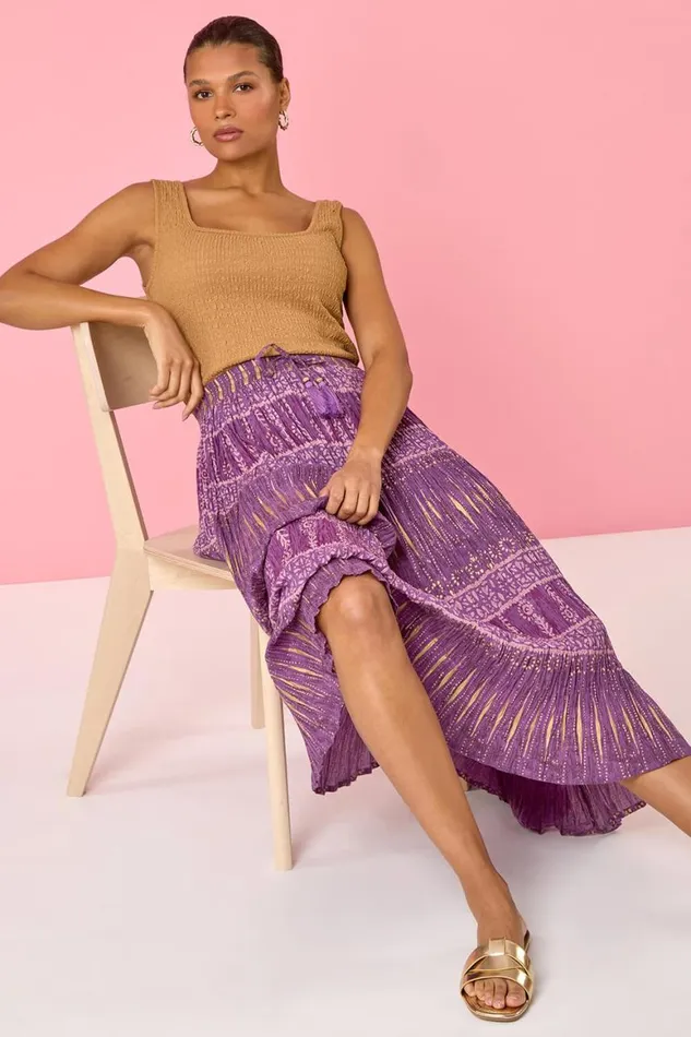 Women Purple Crinkle Cotton Metallic Foil A Line Midi Skirt Roman Skirts