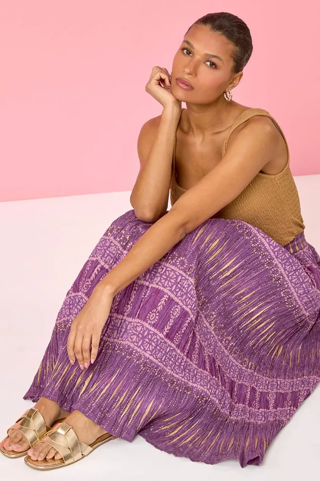 Women Purple Crinkle Cotton Metallic Foil A Line Midi Skirt Roman Skirts
