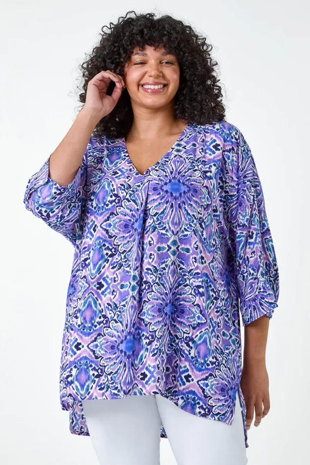 Women Purple Curve Printed Pleat Front Top Roman Tops
