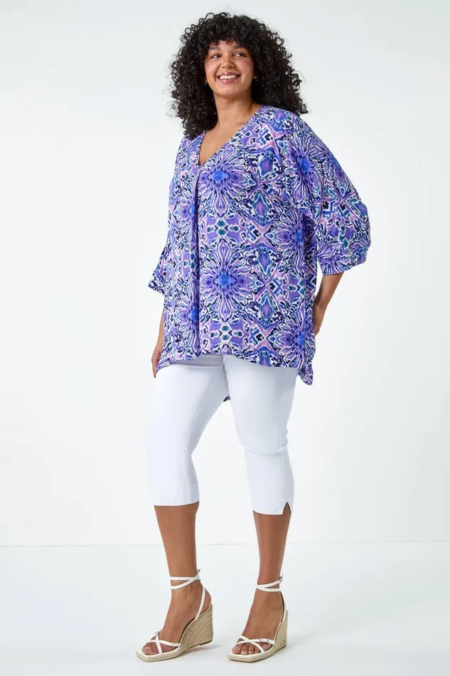 Women Purple Curve Printed Pleat Front Top Roman Tops