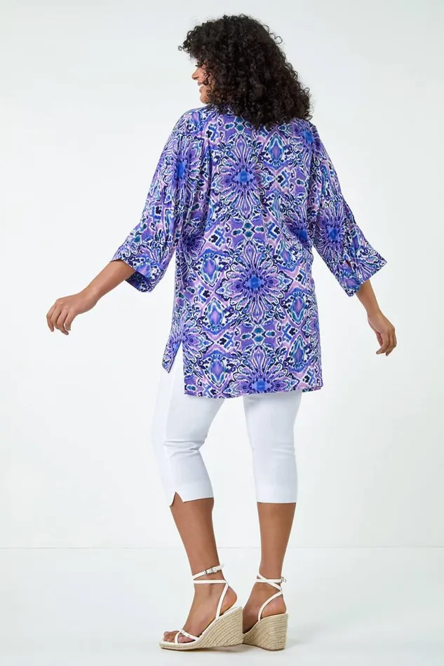 Women Purple Curve Printed Pleat Front Top Roman Tops