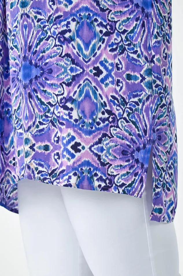 Women Purple Curve Printed Pleat Front Top Roman Tops