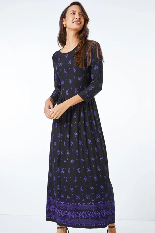 Women Purple Floral Stretch Maxi Dress Roman Dresses