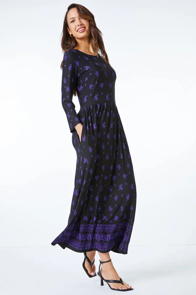 Women Purple Floral Stretch Maxi Dress Roman Dresses