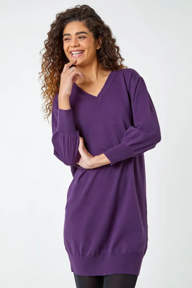 Women Purple Longline Knitted Jumper Dress Roman Dresses
