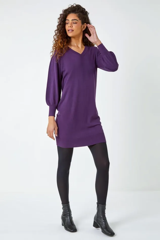 Women Purple Longline Knitted Jumper Dress Roman Dresses