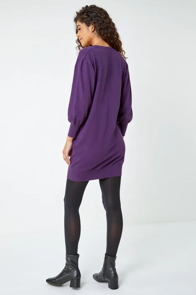 Women Purple Longline Knitted Jumper Dress Roman Dresses
