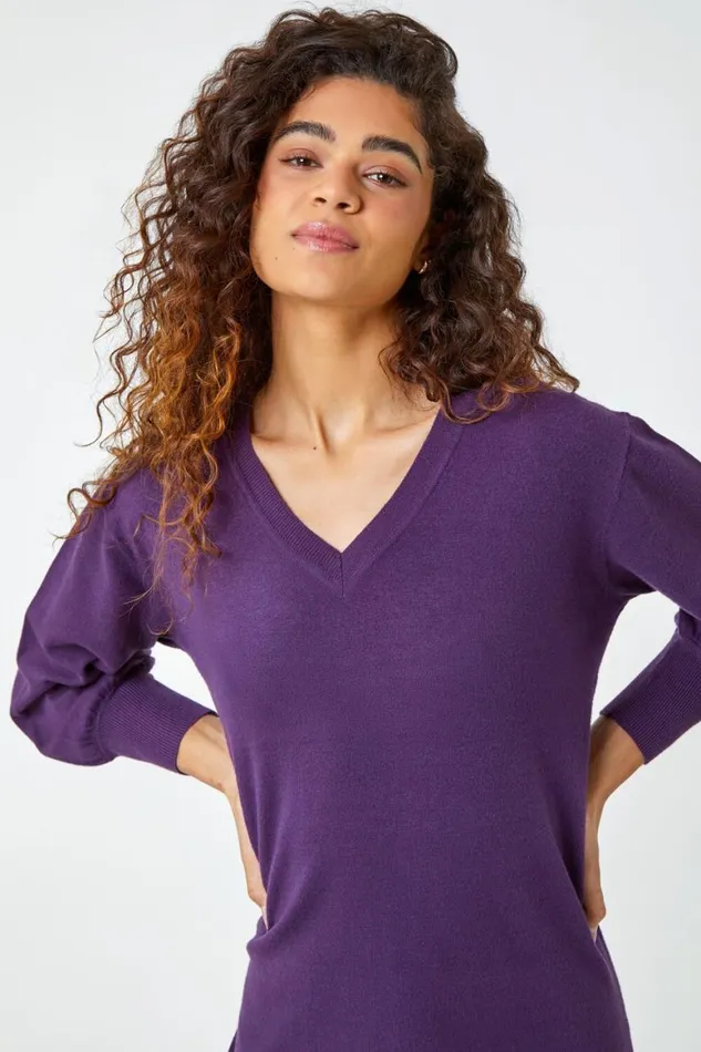 Women Purple Longline Knitted Jumper Dress Roman Dresses