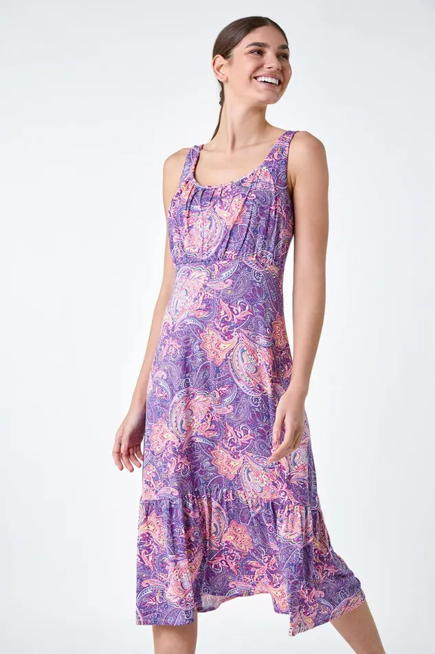Women Purple Paisley Frill Hem Stretch Midi Dress Roman Dresses
