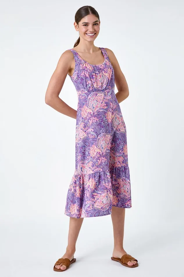 Women Purple Paisley Frill Hem Stretch Midi Dress Roman Dresses