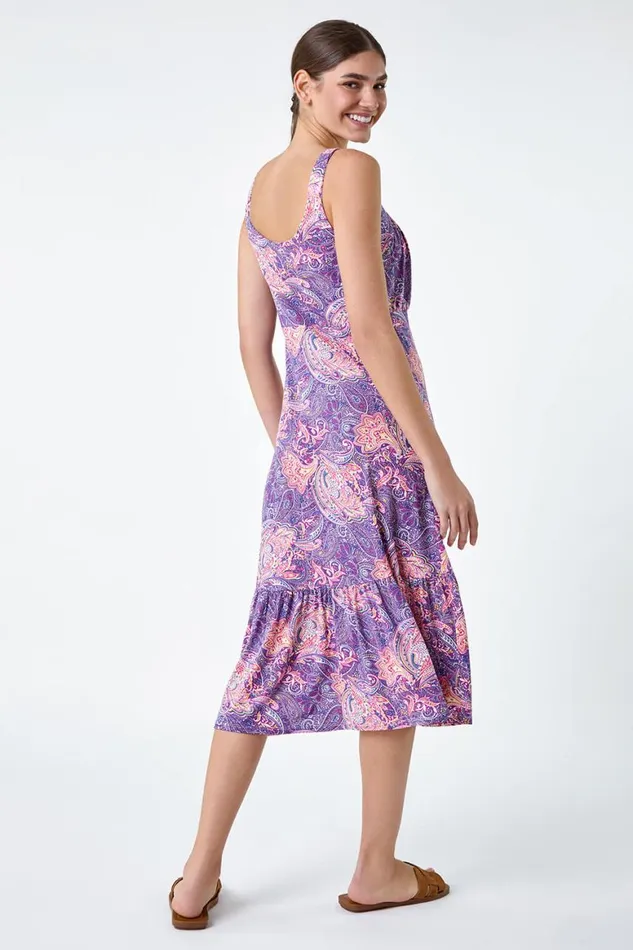 Women Purple Paisley Frill Hem Stretch Midi Dress Roman Dresses