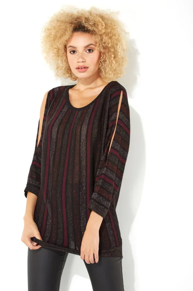 Women Purple Sparkle Stripe Split Sleeve Jumper Roman Tops