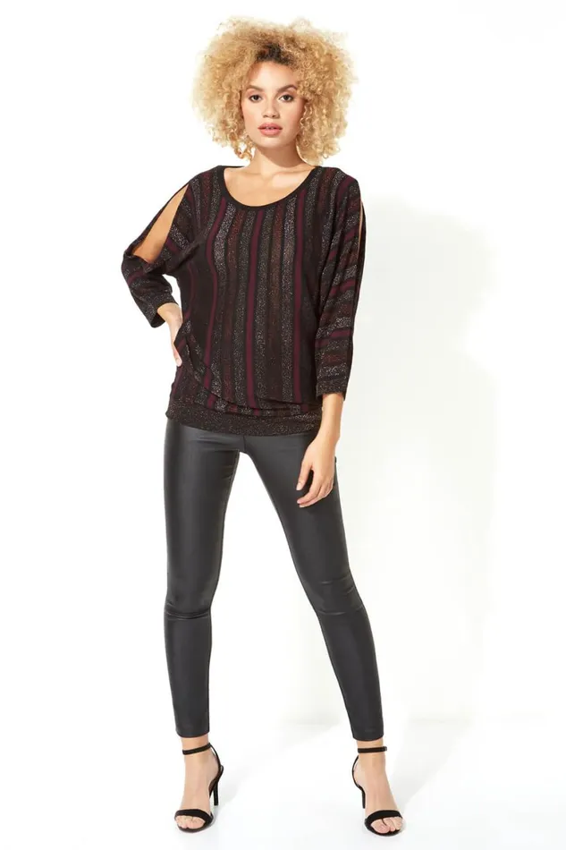 Women Purple Sparkle Stripe Split Sleeve Jumper Roman Tops
