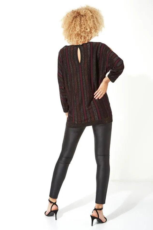 Women Purple Sparkle Stripe Split Sleeve Jumper Roman Tops