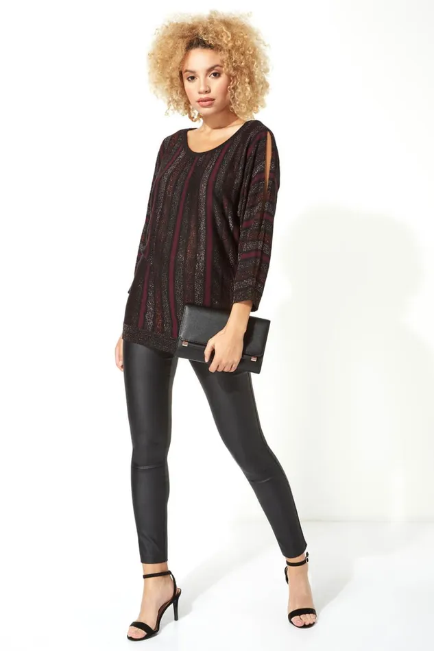 Women Purple Sparkle Stripe Split Sleeve Jumper Roman Tops
