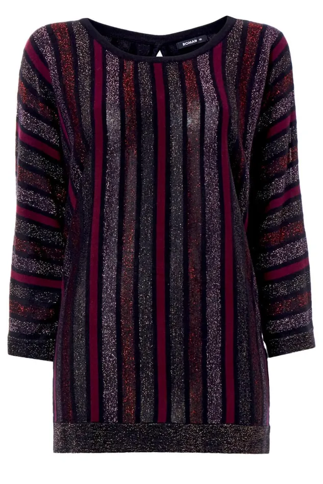 Women Purple Sparkle Stripe Split Sleeve Jumper Roman Tops
